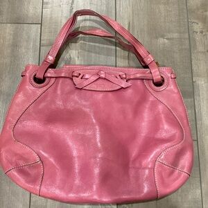 Vintage Kate Spade Pink Leather Handbag with White Stitching and Small Bow.